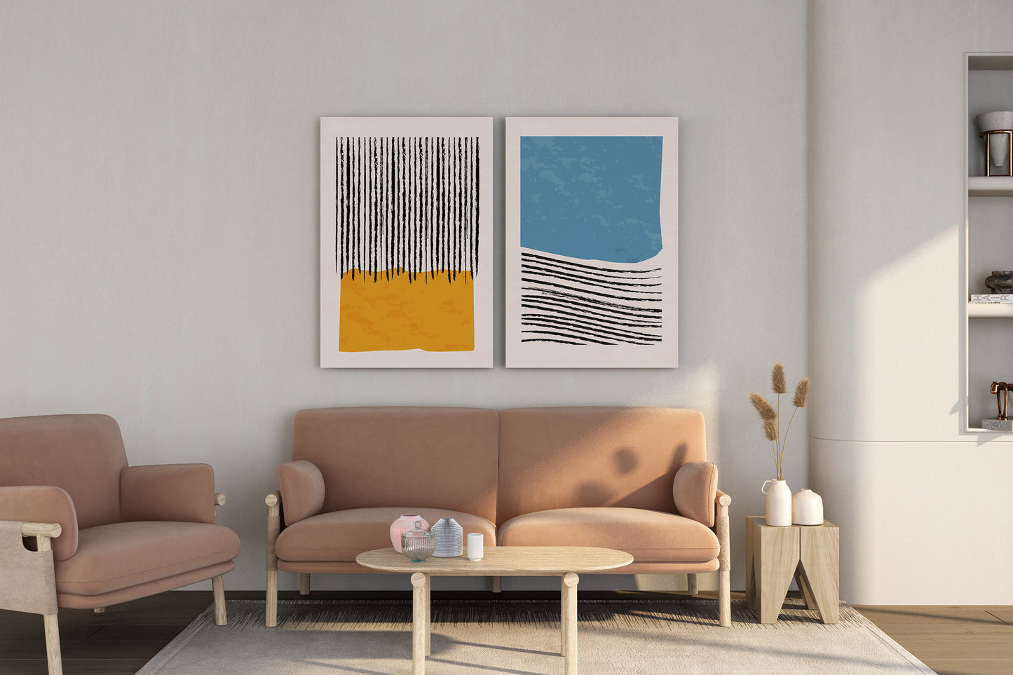 Mid-Century Modern Colorblock Geometric Abstract set of 2 wall art