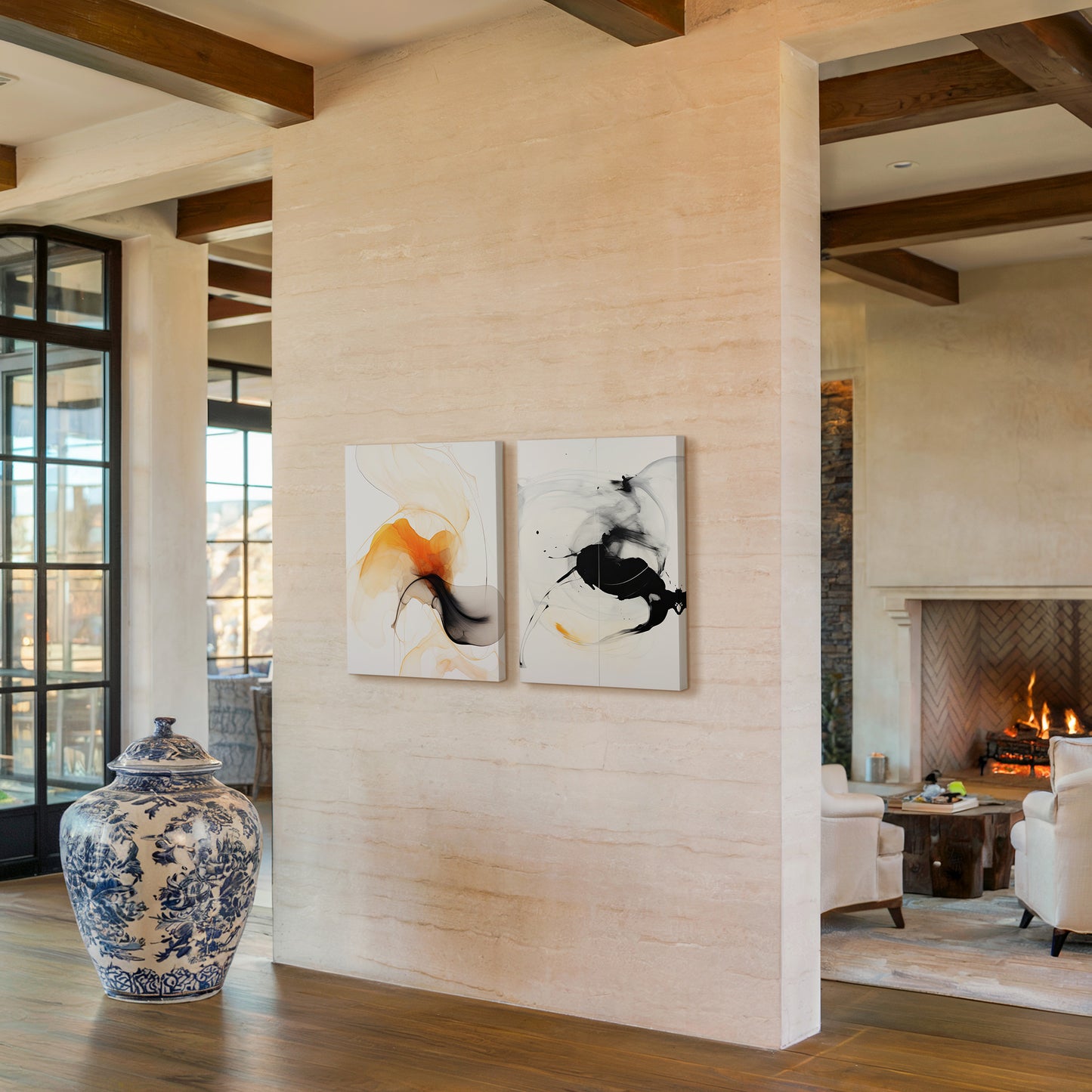 Modern Fluid Abstract Art in Orange, Black & White