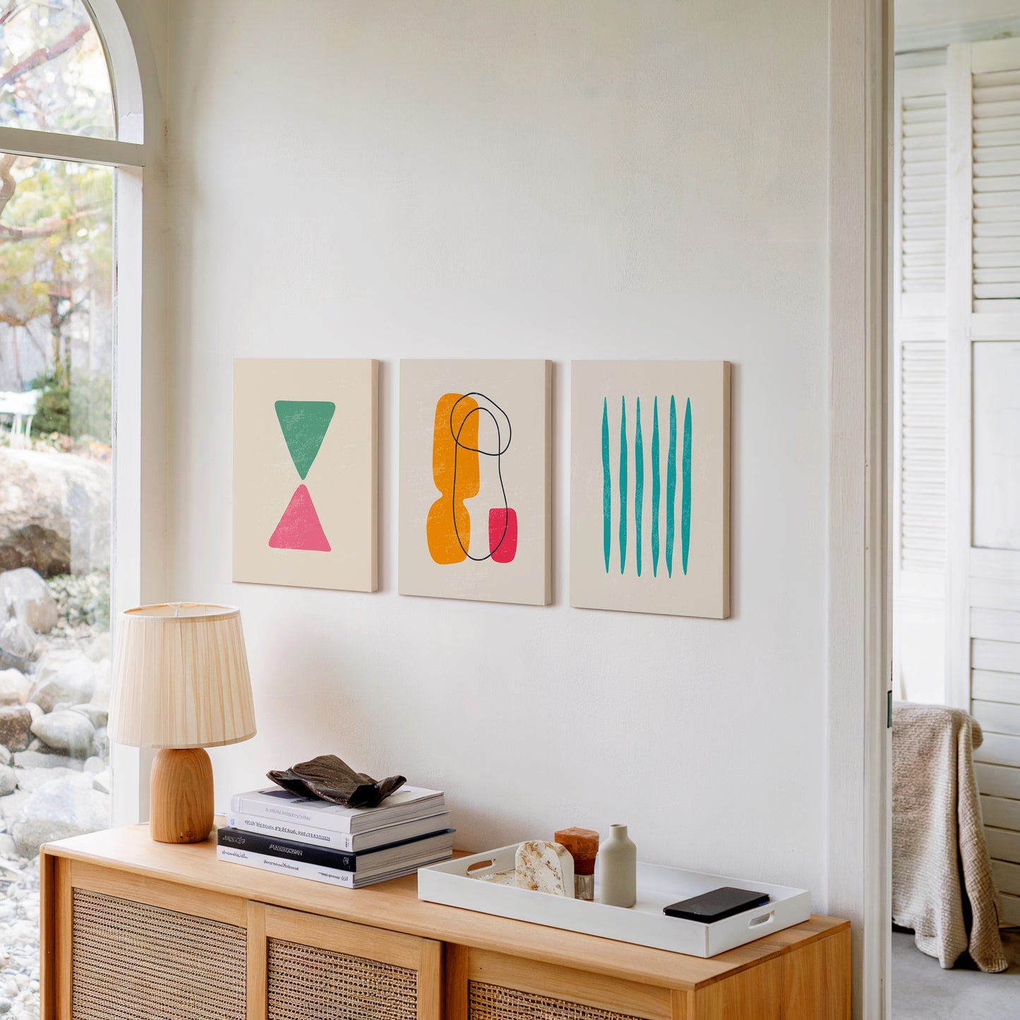 colorful retro shapes geometric abstract wall art trio