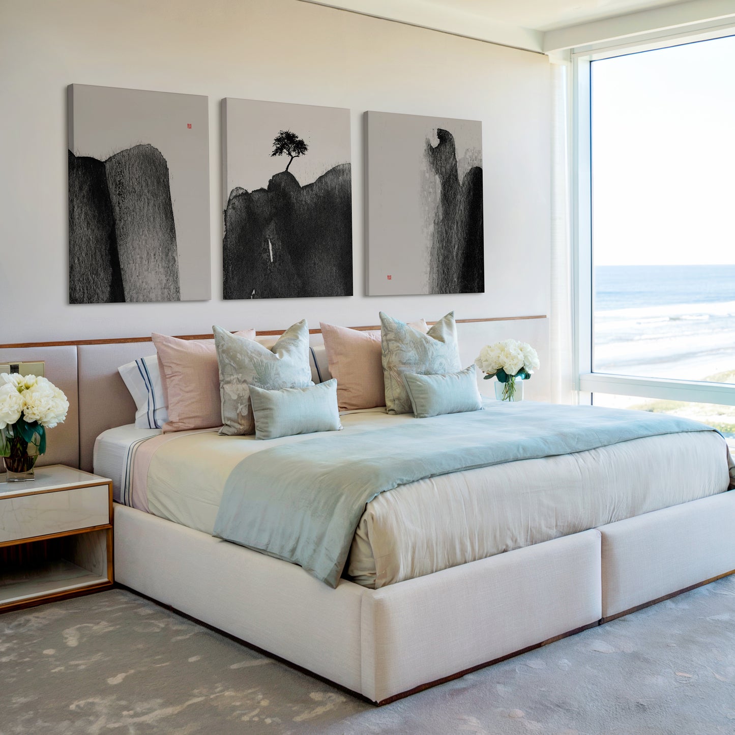 japanese ink wash sumi e set of 3 paintings