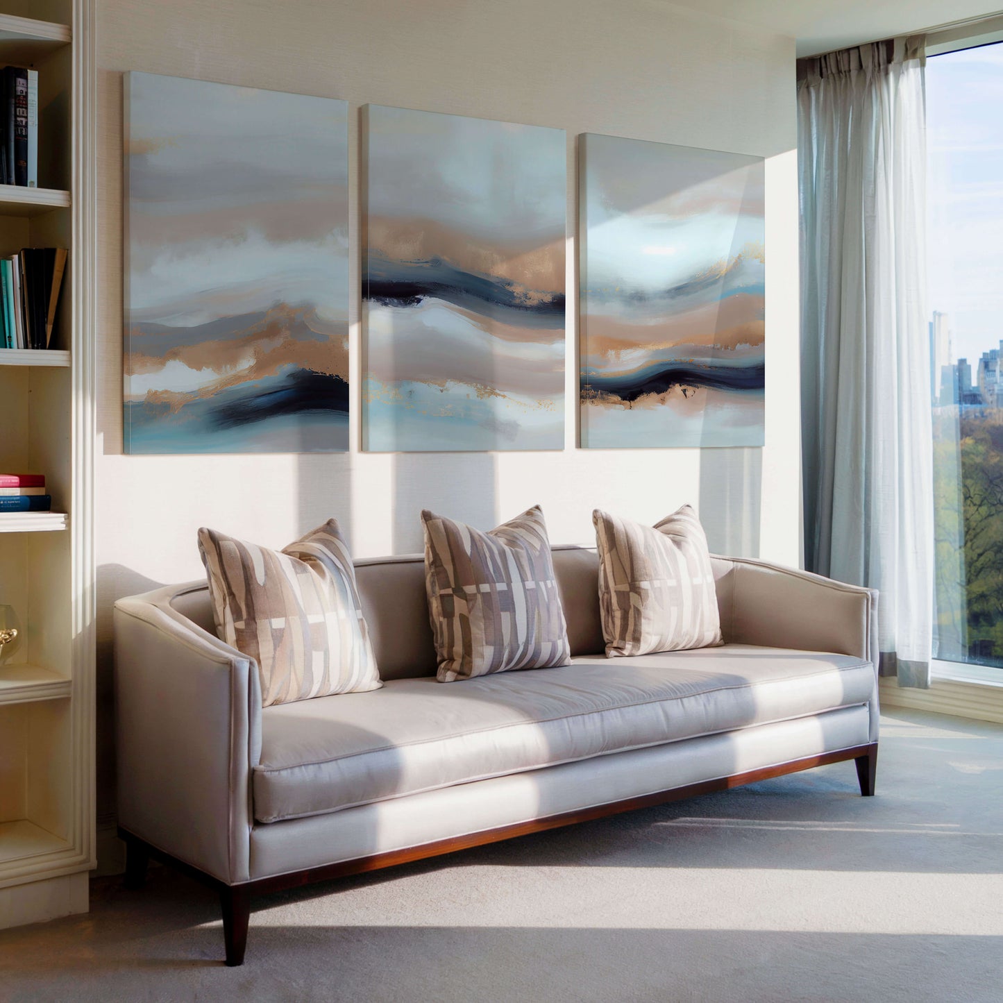 Soft coastal abstract in beige and blue – wall art set of 3 – Artrise canvas prints