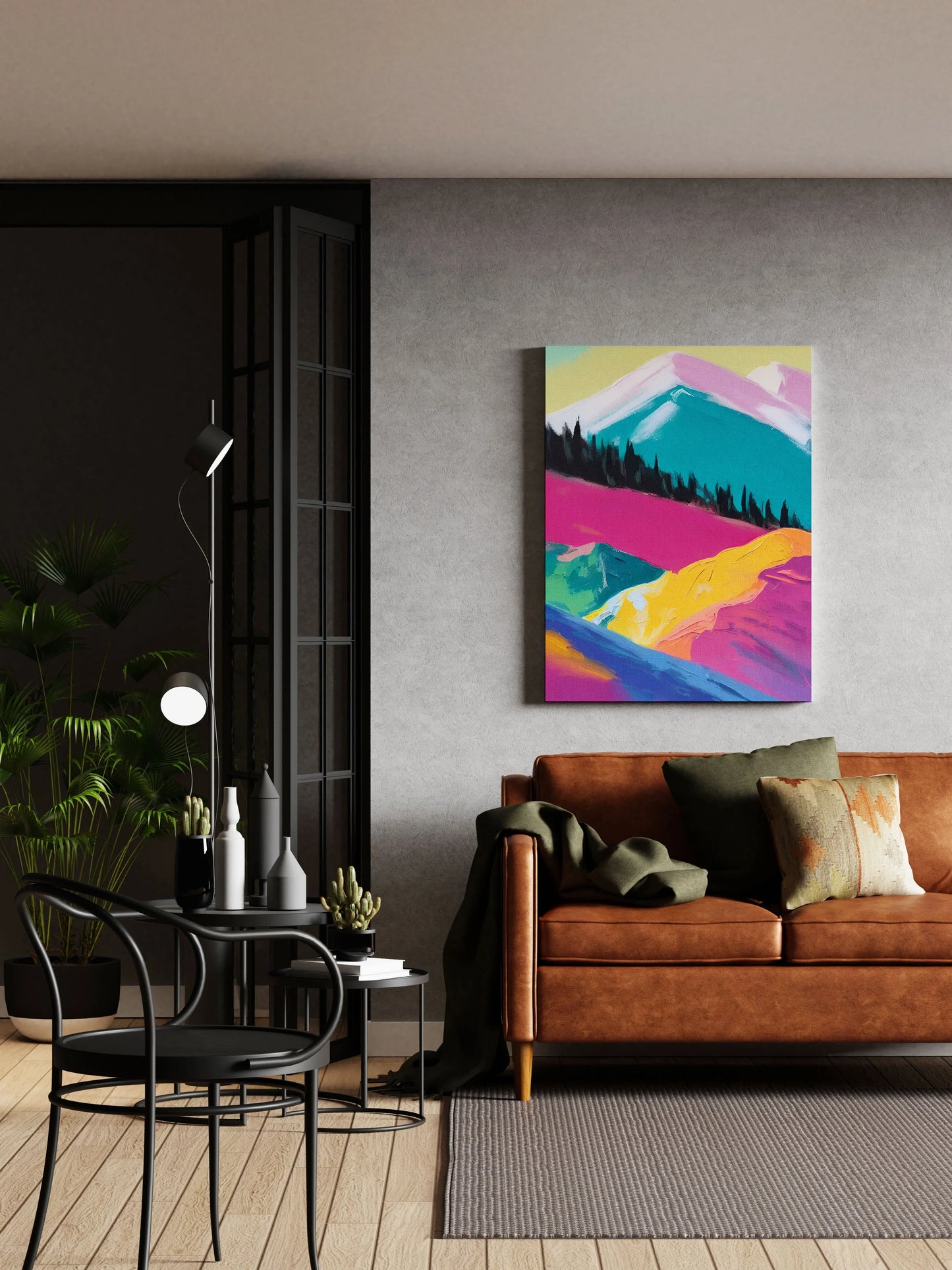 Vibrant abstract mountain canvas art for modern living room wall decor with colorful landscape print