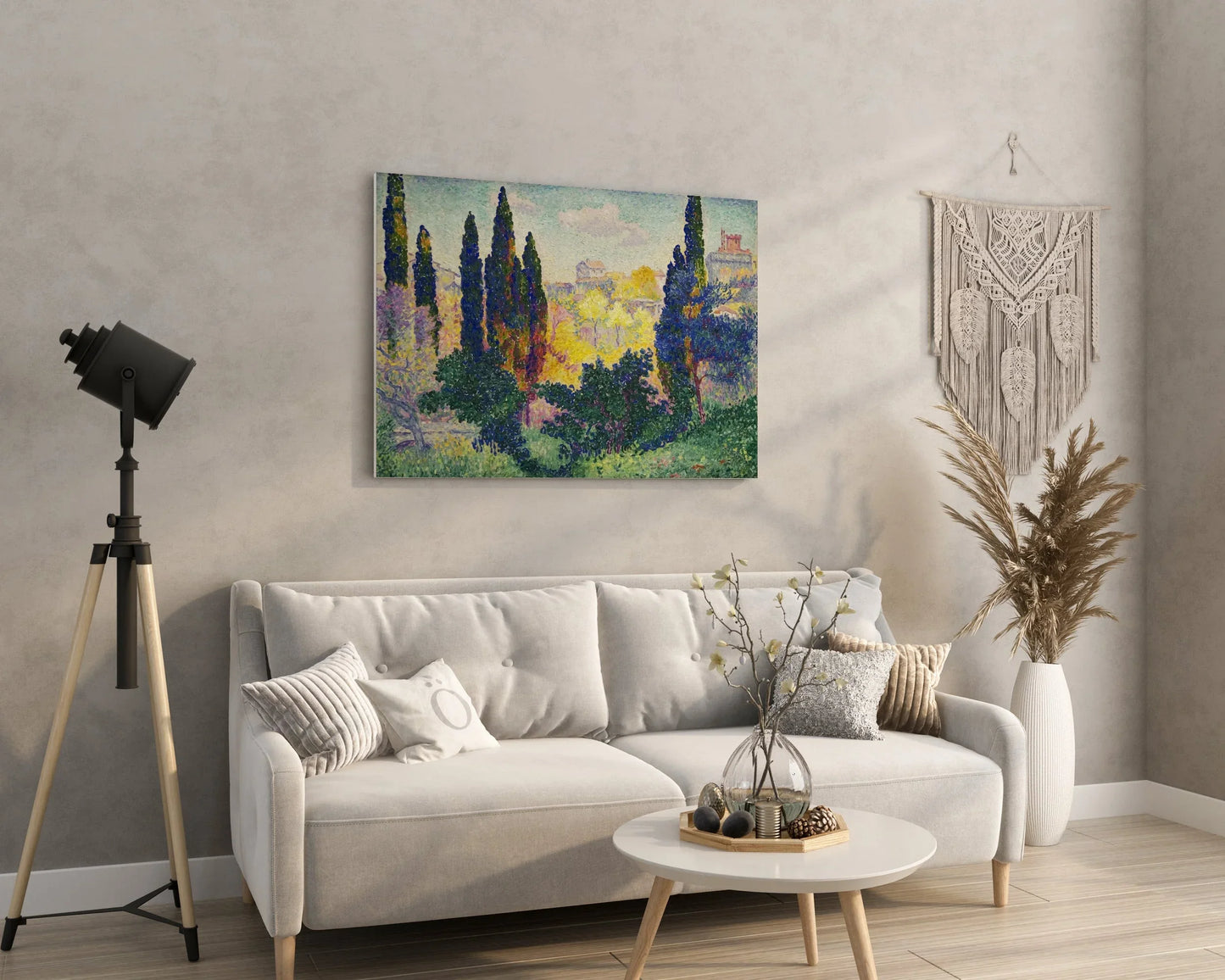 Vibrant abstract landscape wall art with cypress trees, enhancing modern home decor