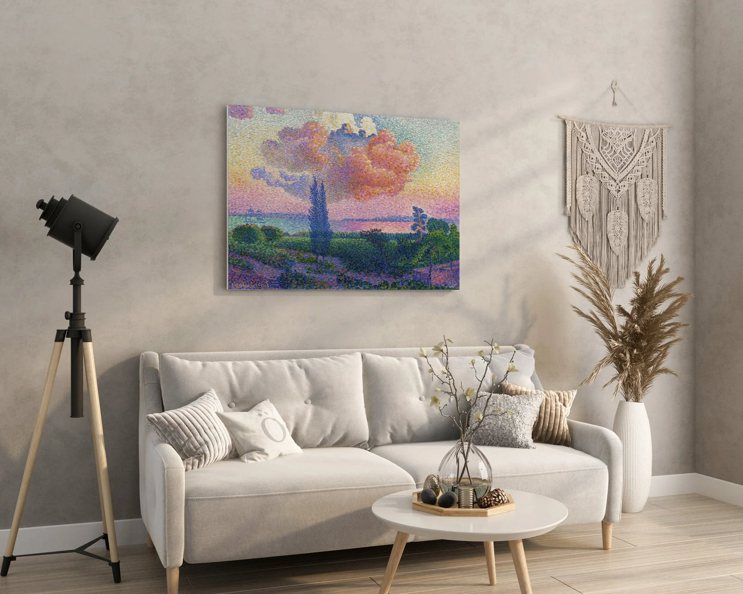 Vibrant pointillist landscape canvas art above modern sofa, ideal for living room wall decor