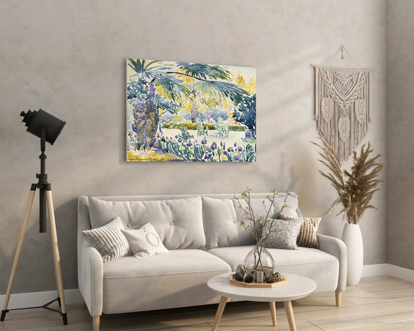 Vibrant abstract garden wall art print with palm trees, enhancing modern home decor