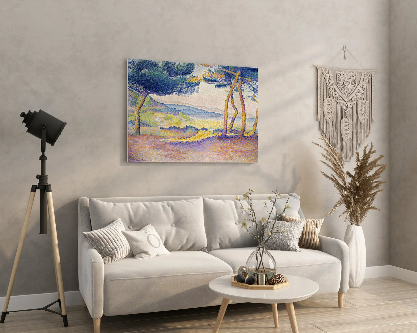 Vibrant abstract landscape wall art print with colorful trees, enhancing modern home decor