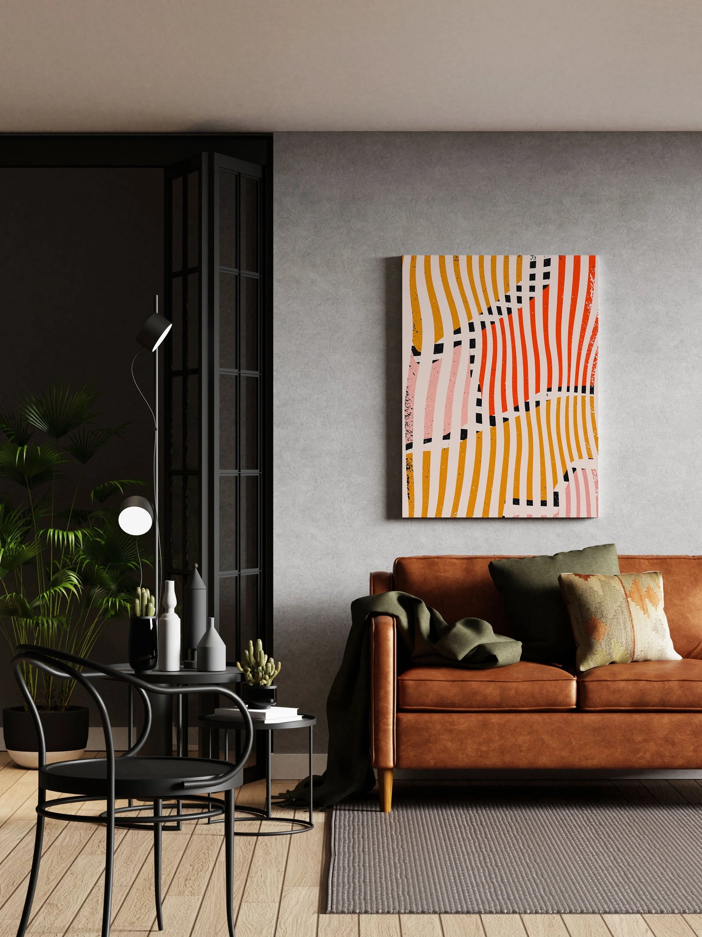 Abstract wall art print with colorful wavy stripes, modern home decor above brown leather sofa