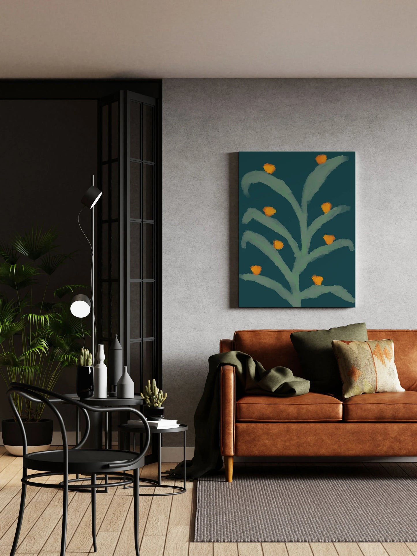 Abstract green leaf art print with orange blooms, modern living room wall decor