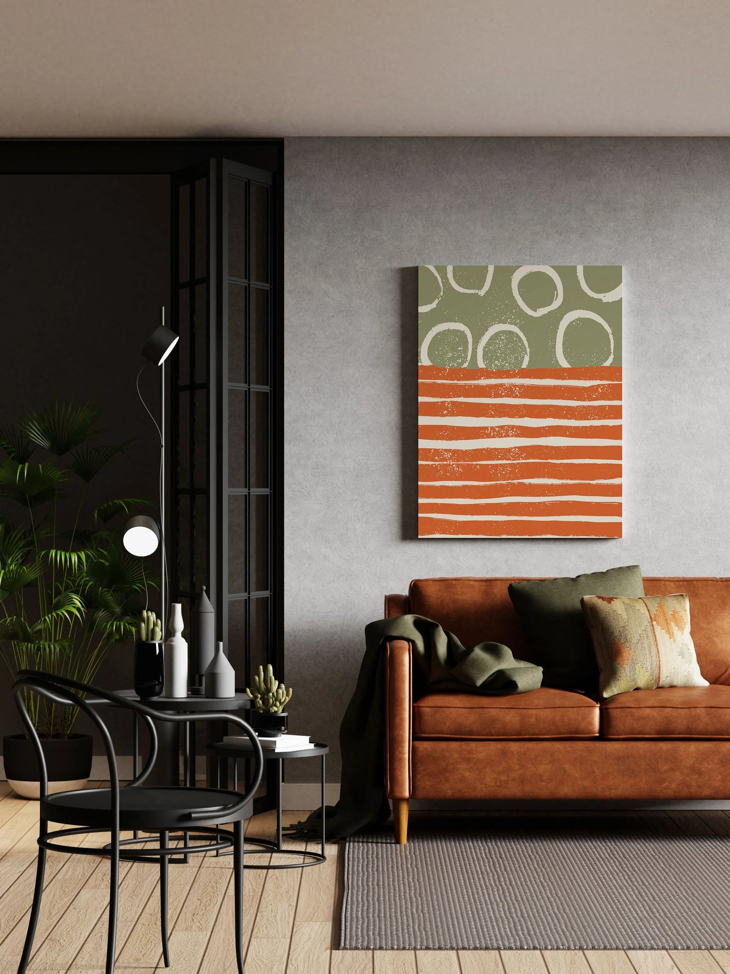 Abstract wall art with green circles and orange stripes, modern living room decor