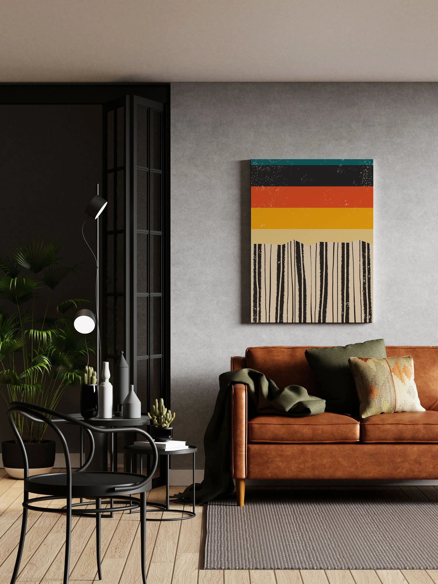 Abstract wall art print with colorful horizontal stripes and black vertical lines, modern home decor