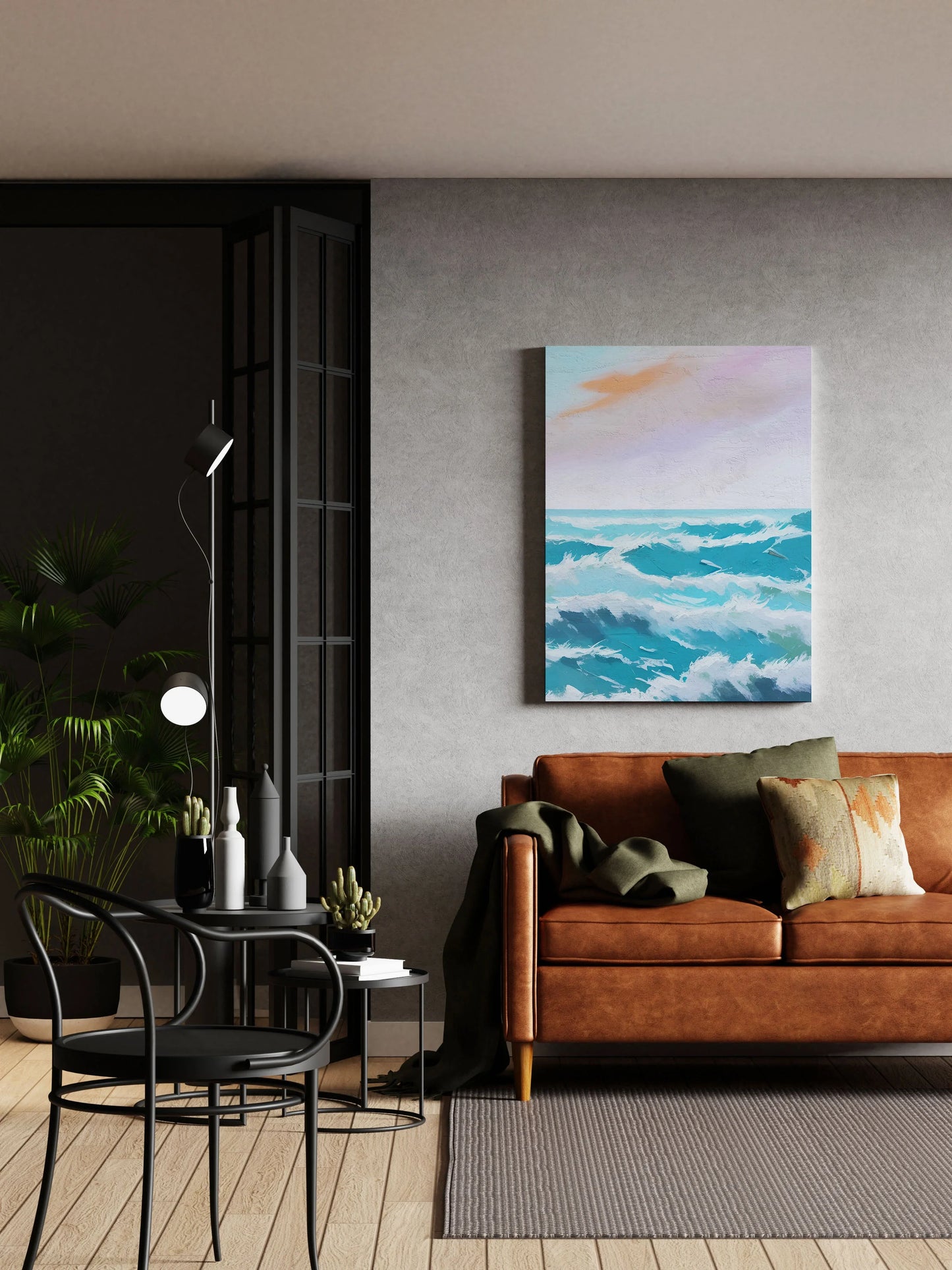 Abstract ocean waves wall art print for modern living room decor with teal and lavender hues