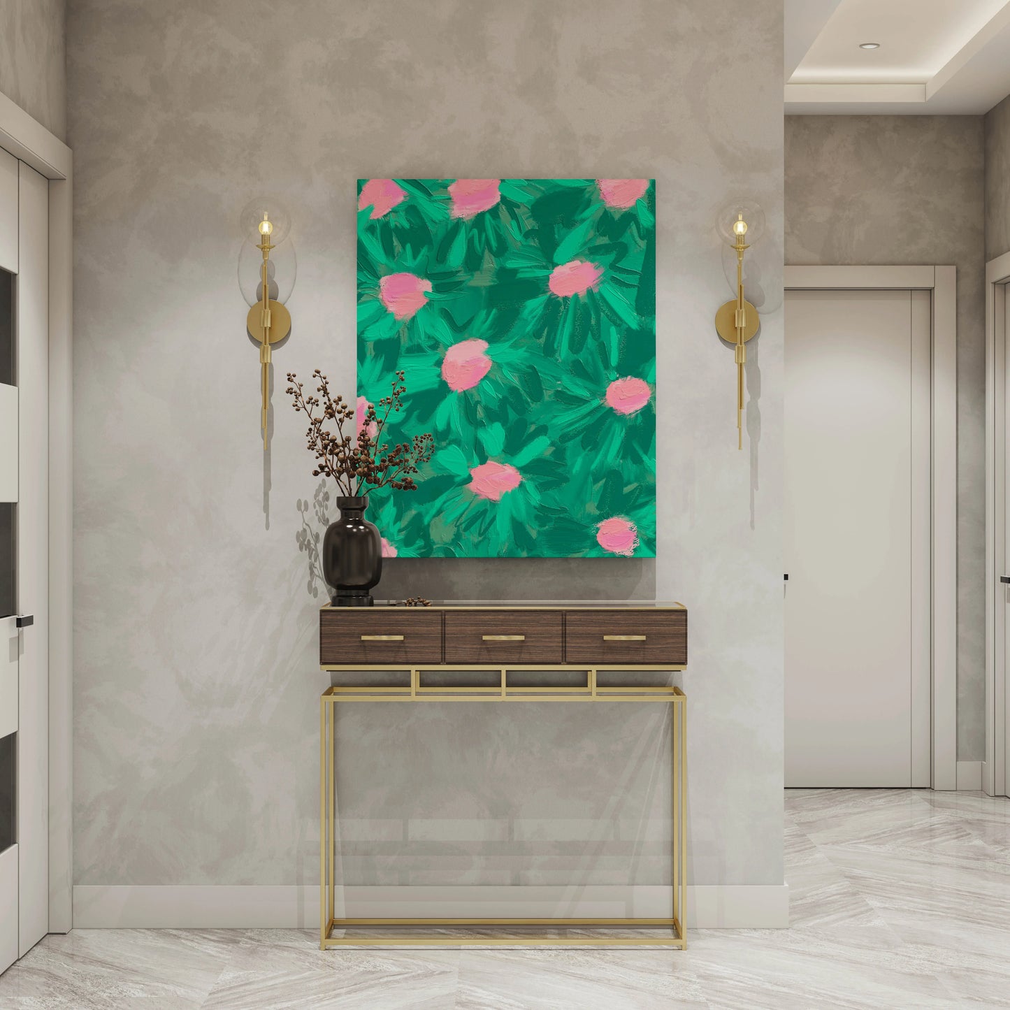 Vibrant green and pink abstract floral wall art print displayed in modern entryway with gold sconces and console table