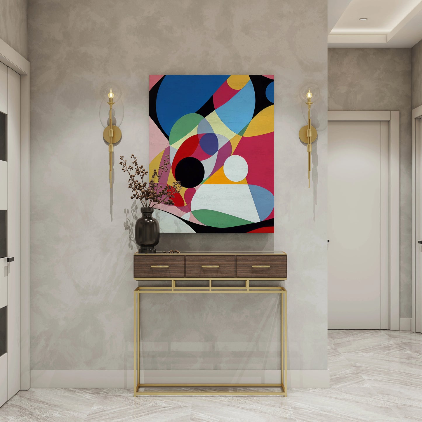 Vibrant abstract wall art with bold geometric shapes, displayed above a modern console table in a contemporary entryway.