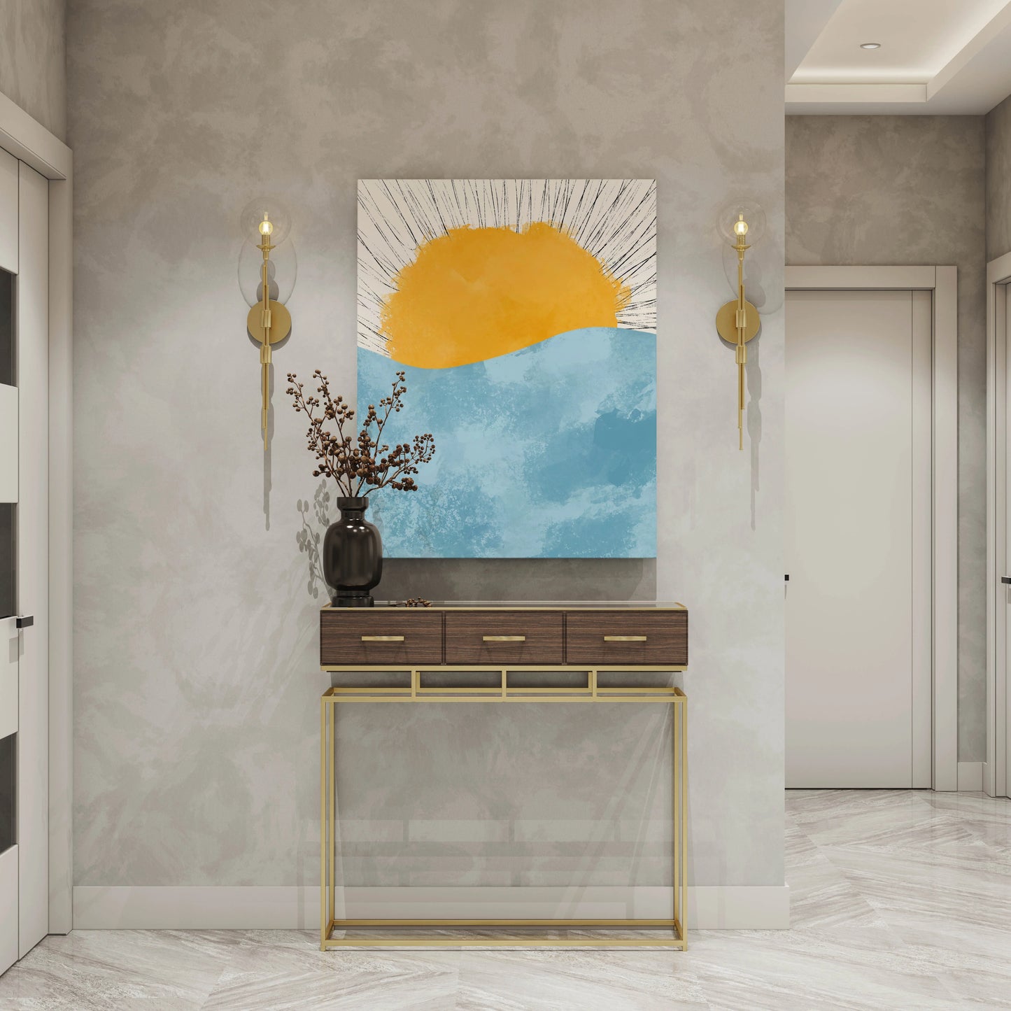 Abstract wall art with yellow sun and blue sky, modern home decor, gold sconces, and wooden console table