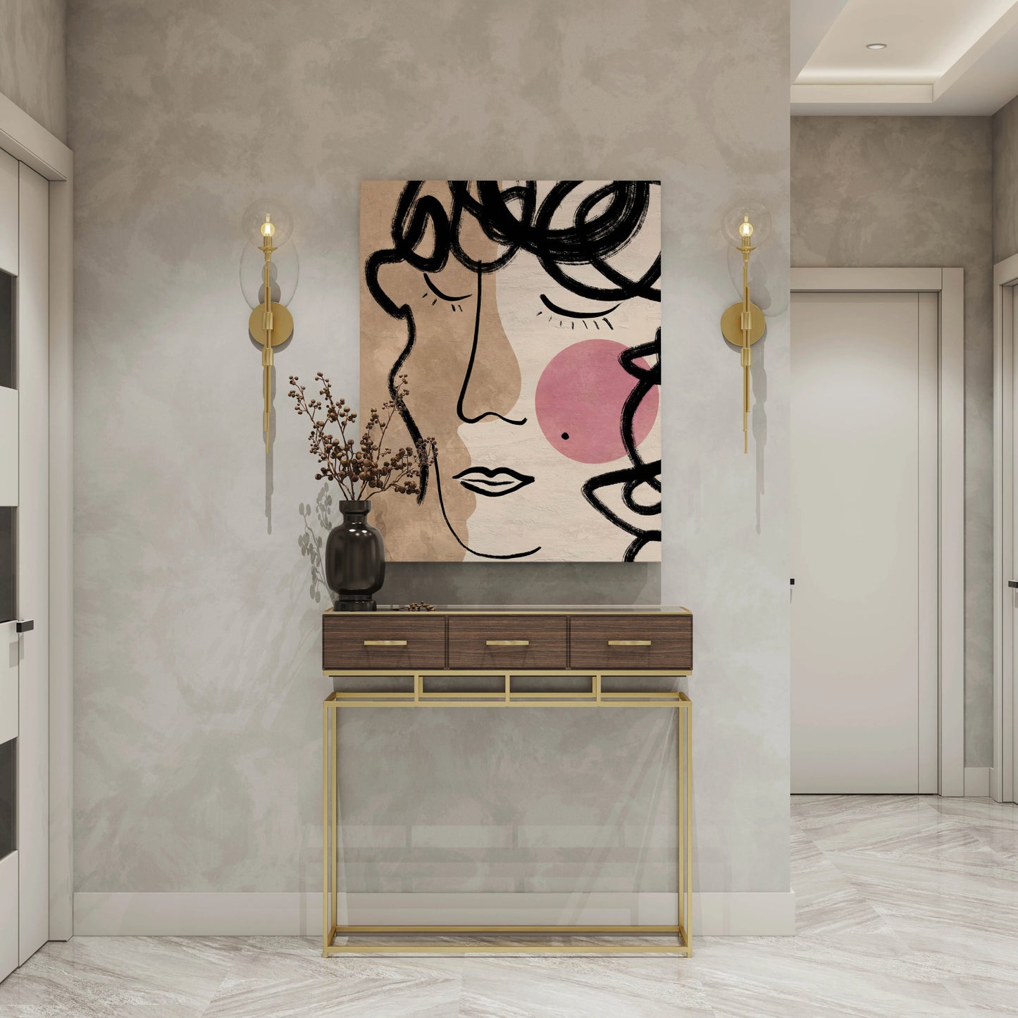 Abstract wall art print with bold black lines and pink accents, styled in modern home decor