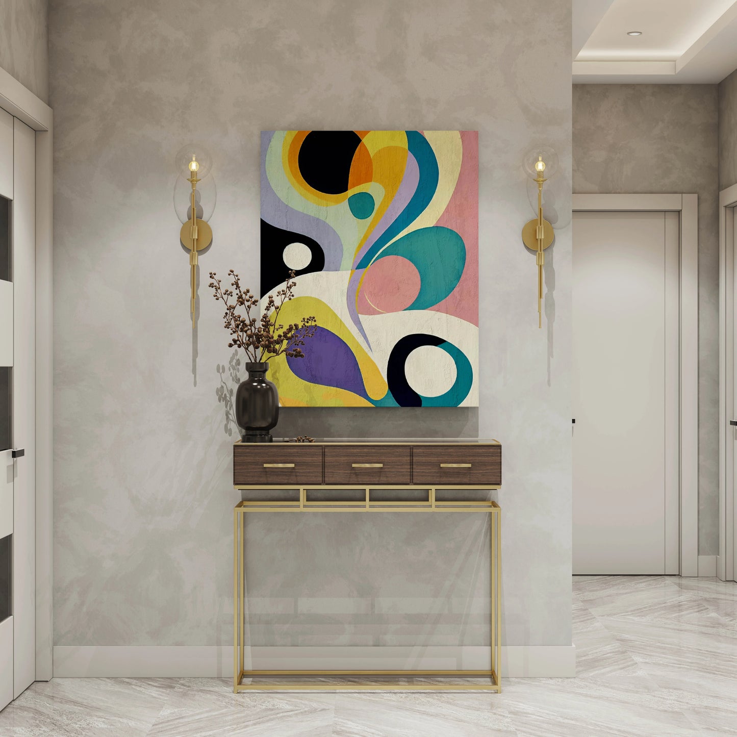 Vibrant abstract wall art with colorful swirls, displayed above a modern console table in a stylish entryway.