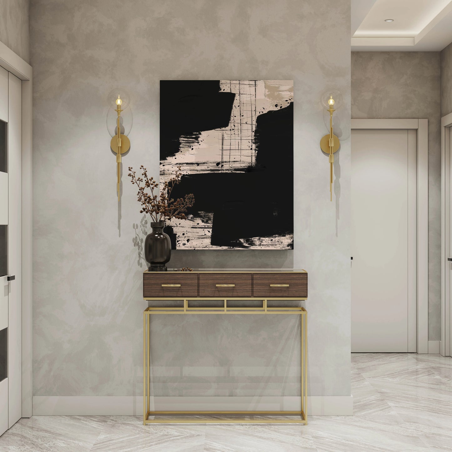 Black and beige abstract wall art print above modern console table in luxury hallway decor