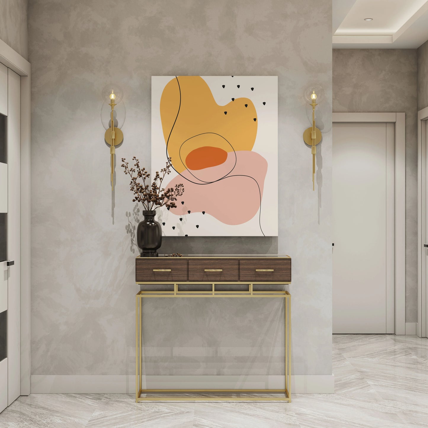 Abstract wall art with warm tones, modern console table, and gold sconces for stylish home decor