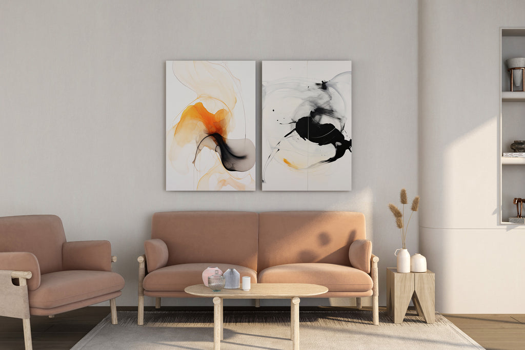 Modern Fluid Abstract Art in Orange, Black & White