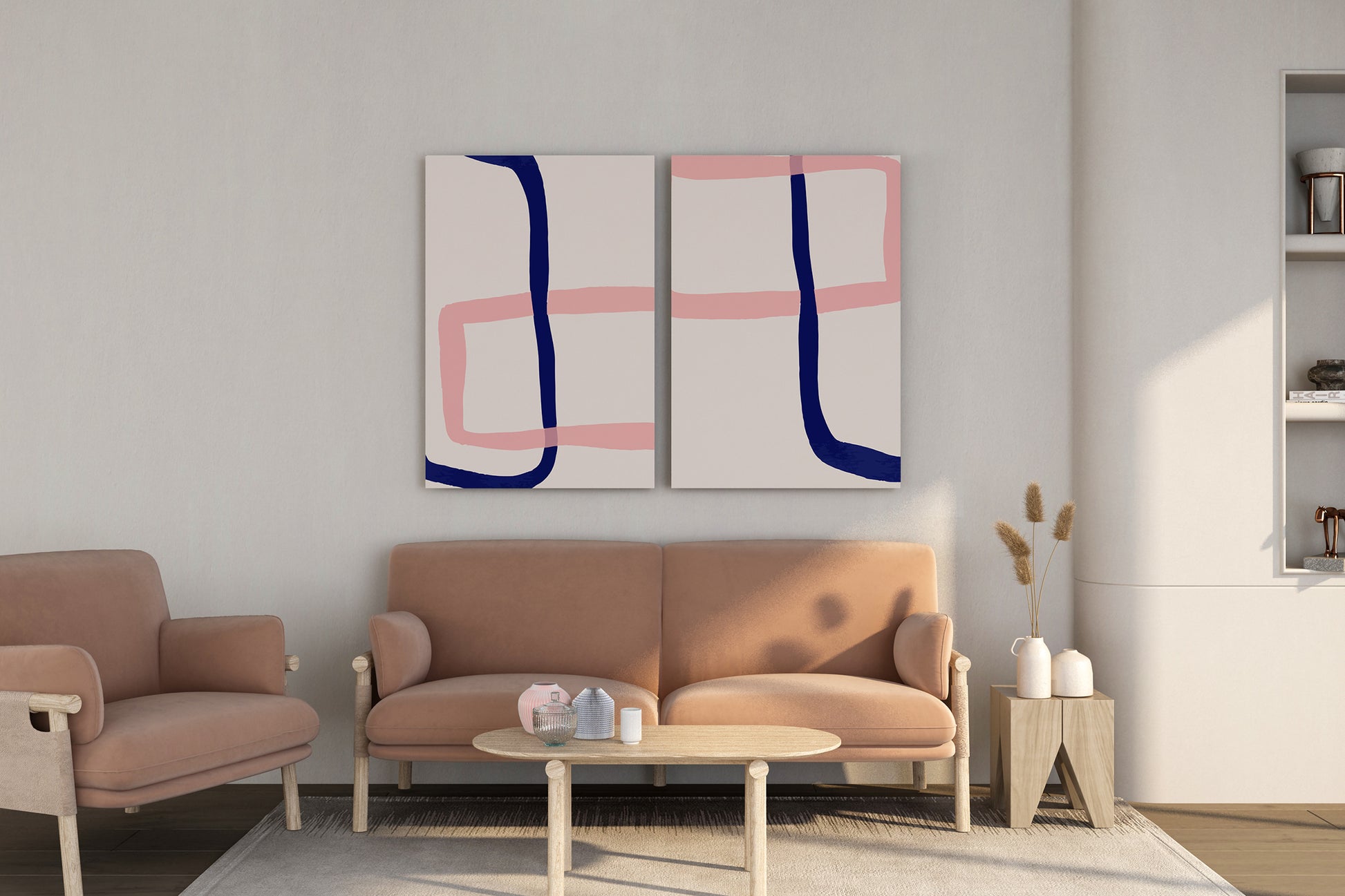 Two abstract art prints with pink and blue lines on a beige 