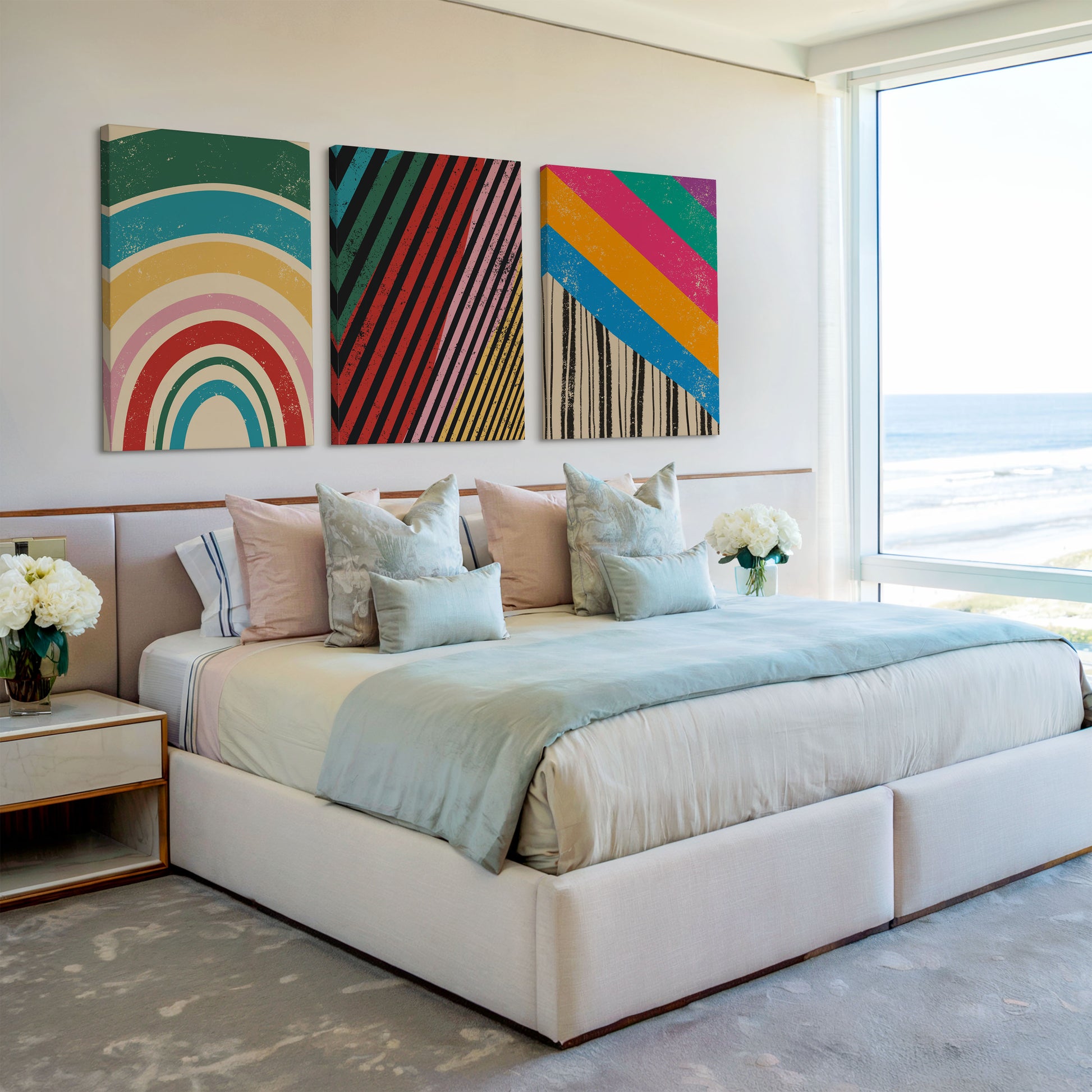 colorful abstract wall art in bedroom