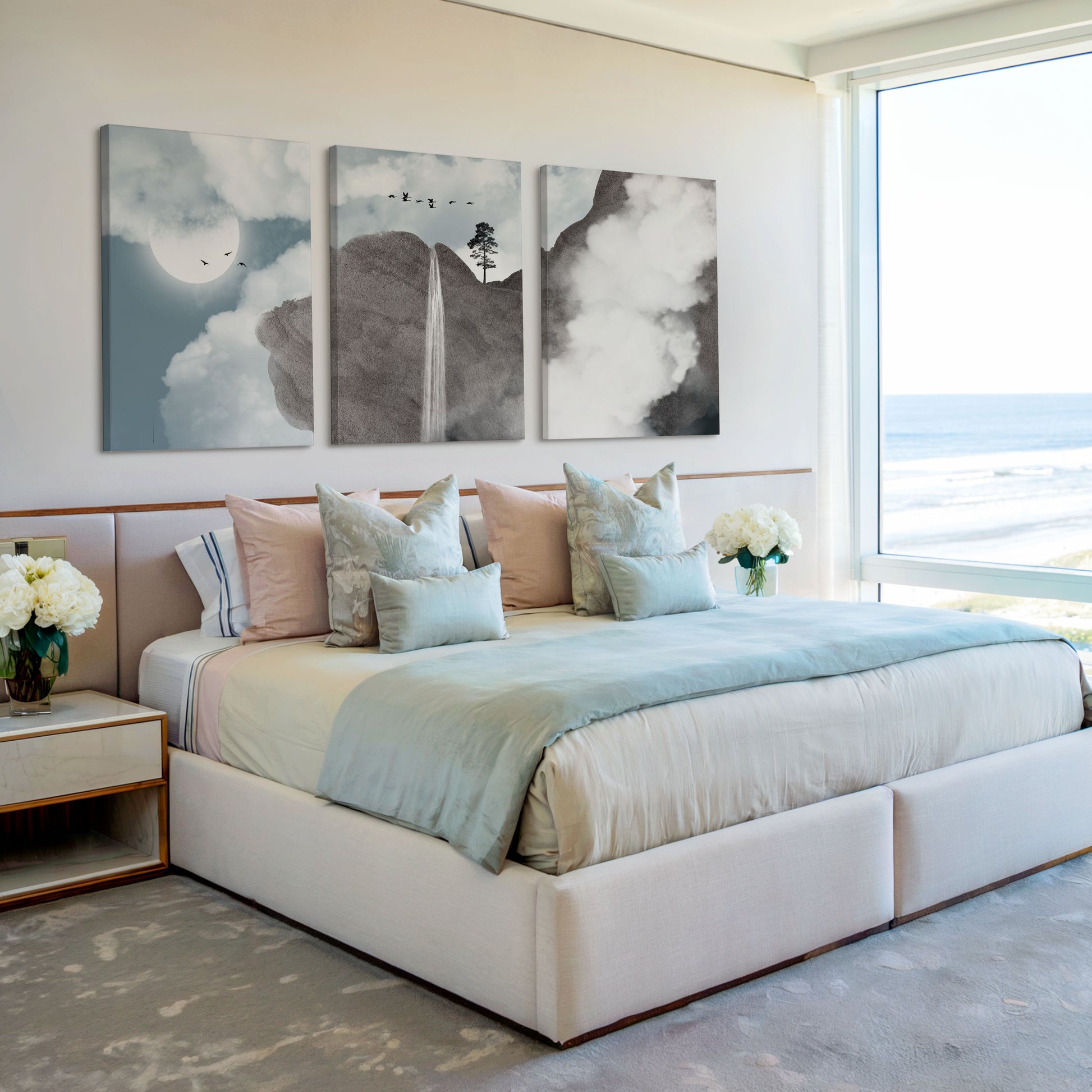 Dreamy moonlit waterfall illustration in blue and grey – wall art set of 3 – Artrise canvas prints