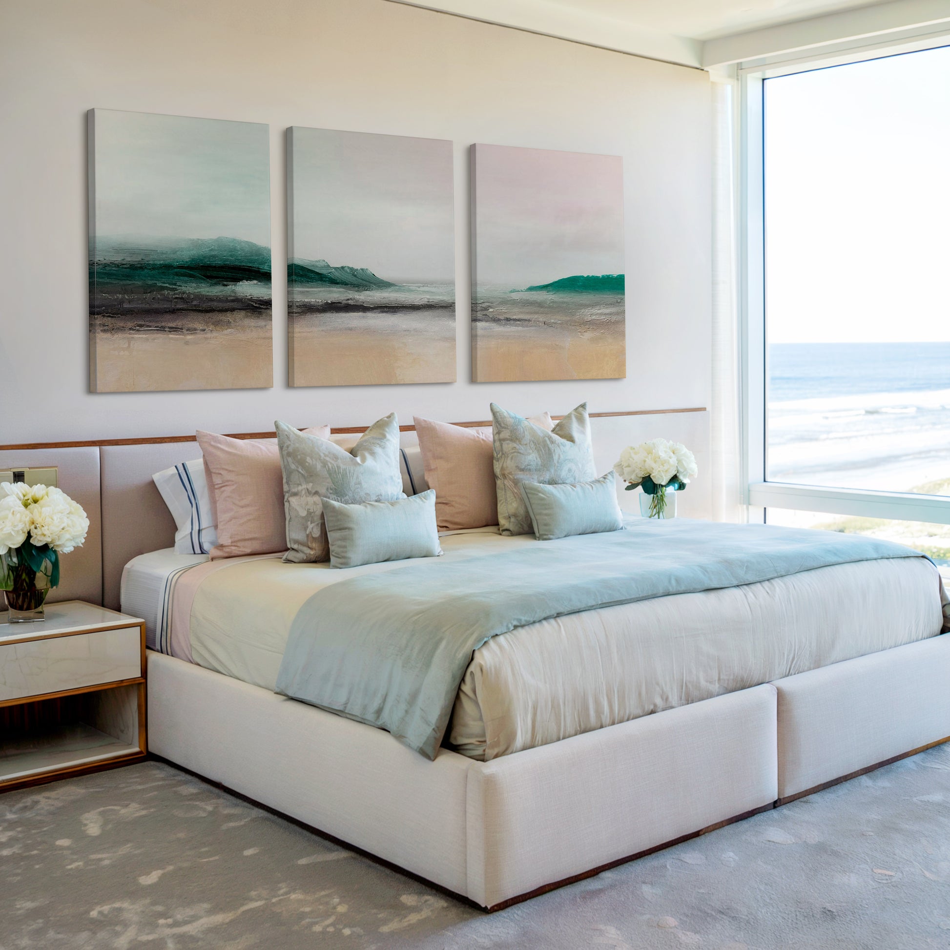 Teal and beige coastal abstract landscape – wall art set of 3 – Artrise canvas prints