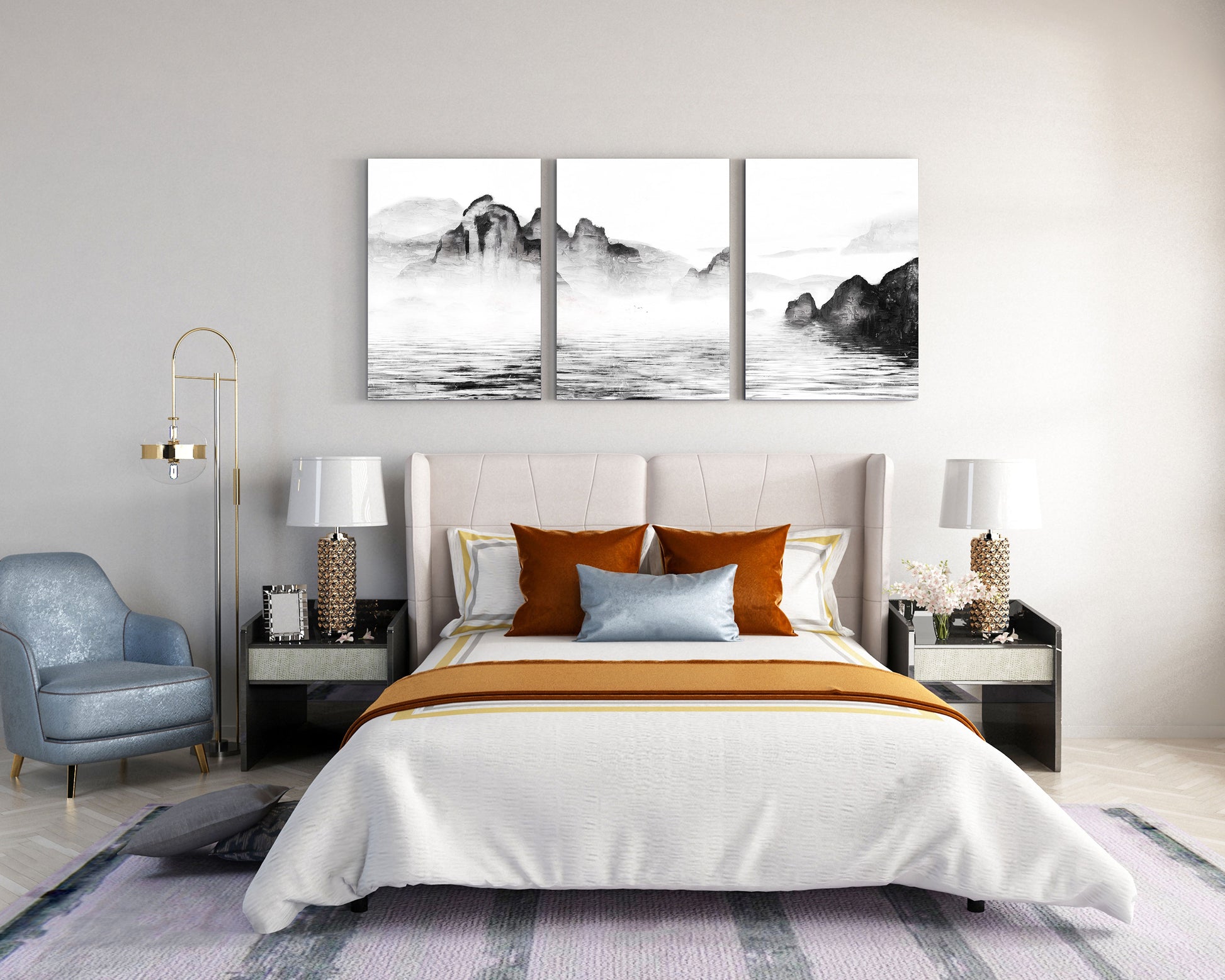 misty mountain landscape triptych wall art set