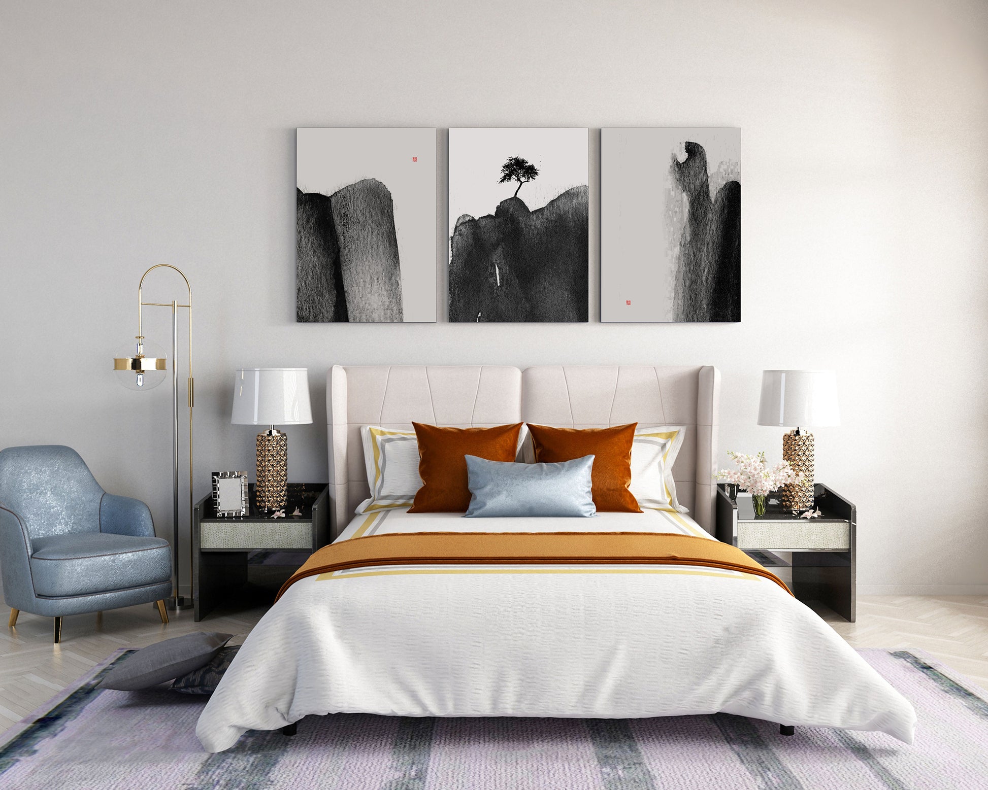 japanese ink wash sumi e set of 3 paintings