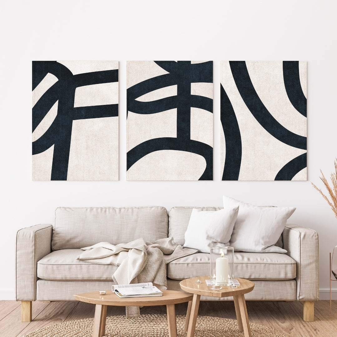 Black on beige bold line art abstract set of 3 wall art from Artrise.