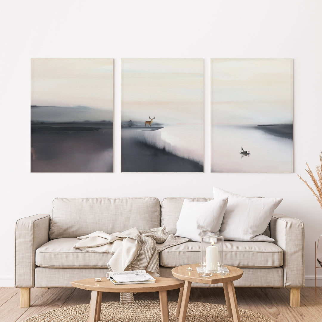 Coastal Minimal landscape painting with deer and abstract calming vibe