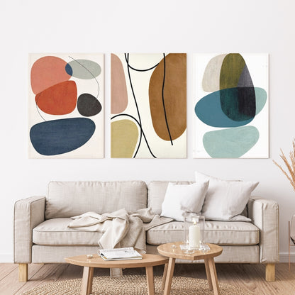 Mid-century modern abstract shapes in warm and navy tones – wall art set of 3 – Artrise canvas prints