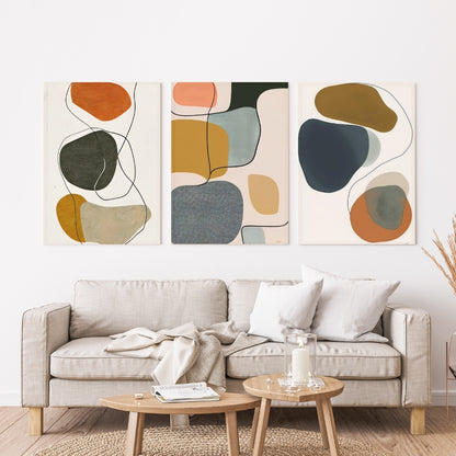 Mid-century organic pebble shapes in olive, terracotta and mustard wall art set of 3 Artrise canvas prints