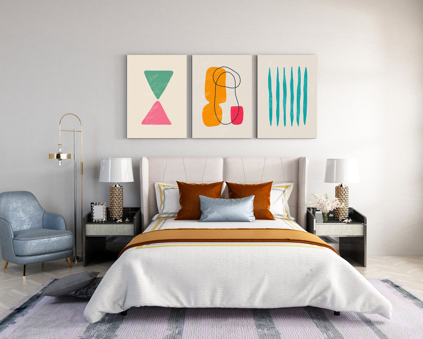 colorful retro shapes geometric abstract wall art trio