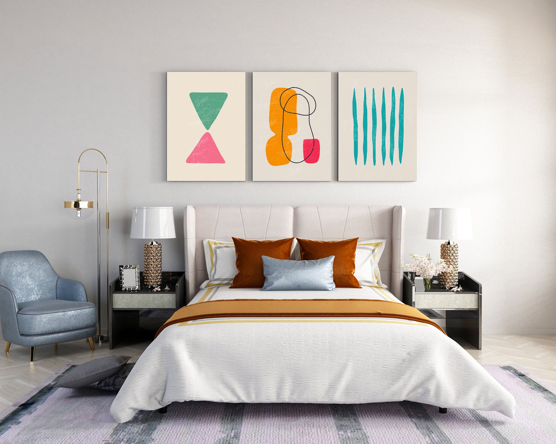 colorful retro shapes geometric abstract wall art trio