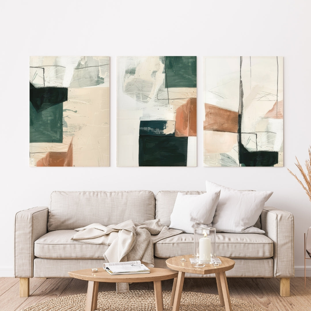 Green and terracotta abstract colour block art – wall art set of 3 – Artrise canvas prints