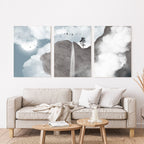 Dreamy moonlit waterfall illustration in blue and grey – wall art set of 3 – Artrise canvas prints