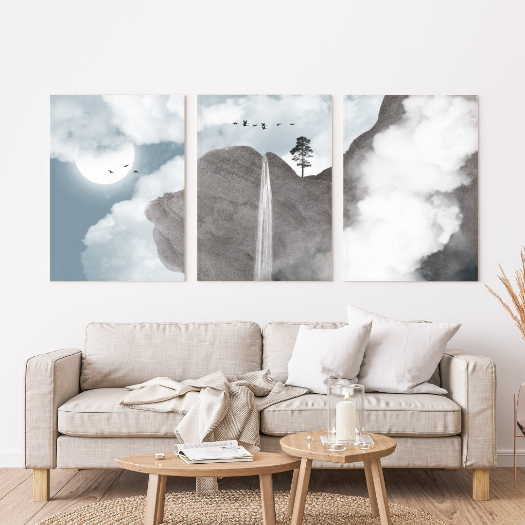 Dreamy moonlit waterfall illustration in blue and grey – wall art set of 3 – Artrise canvas prints