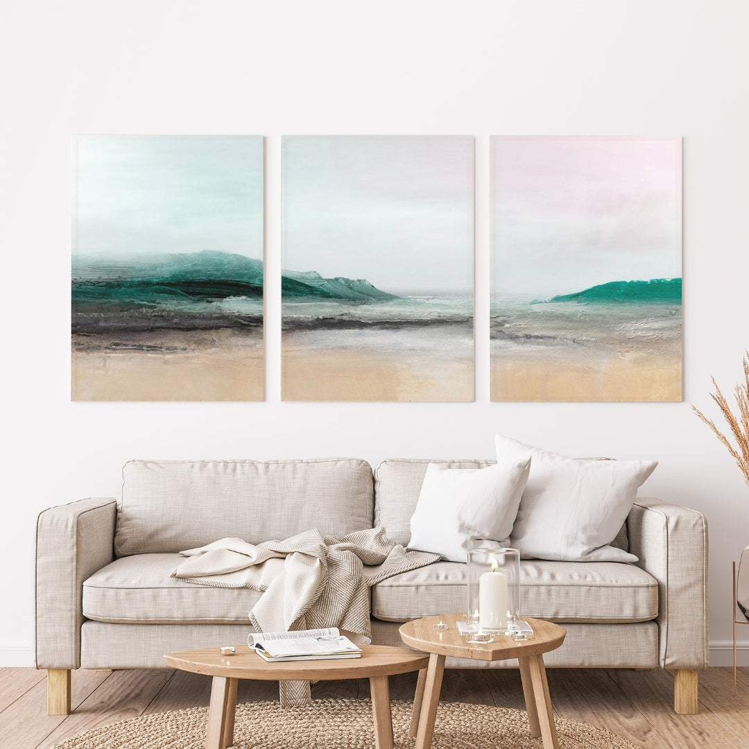 Teal and beige coastal abstract landscape – wall art set of 3 – Artrise canvas prints