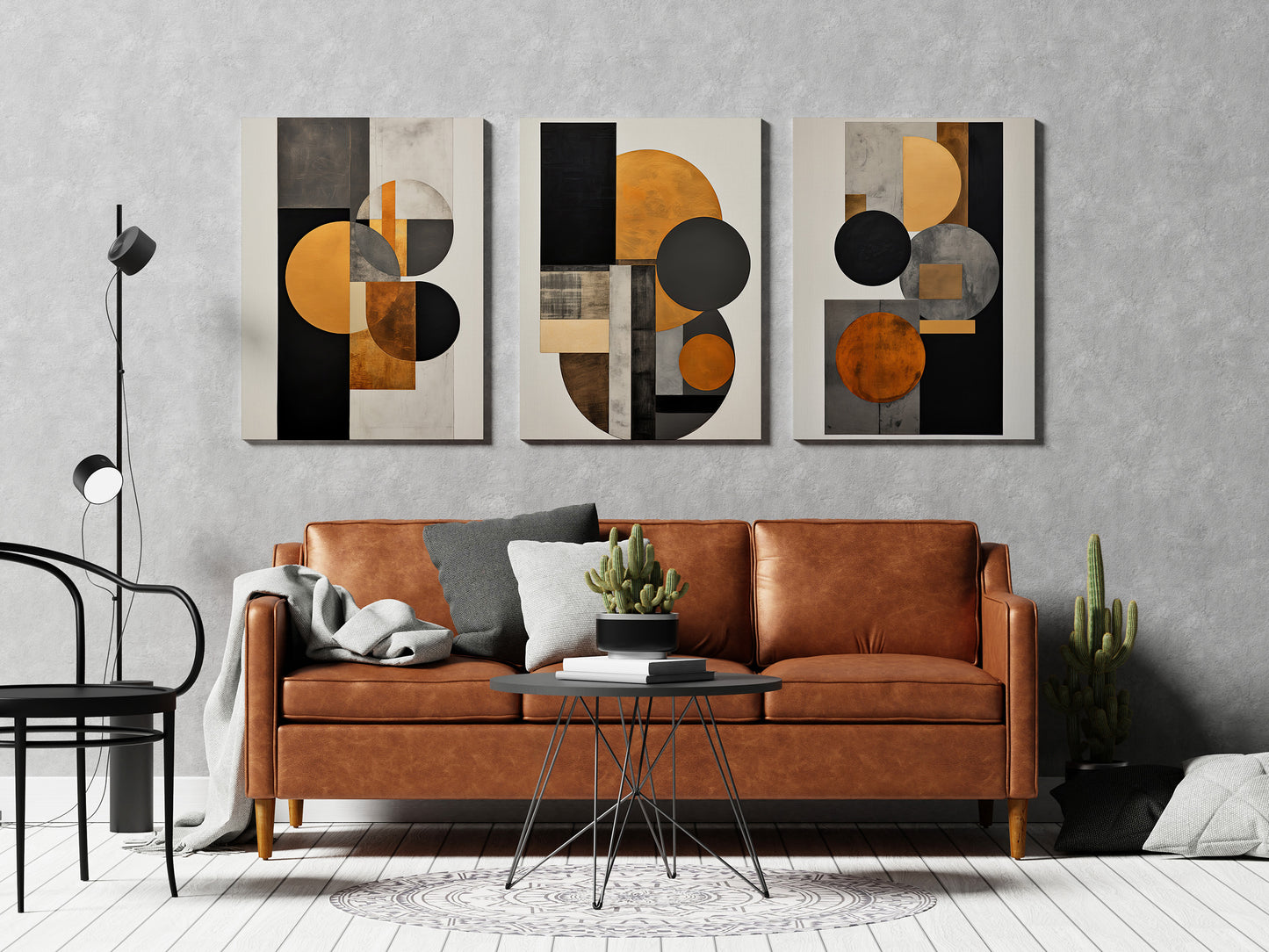Beige and Black Modern Geometric Abstract Set of 3 wall art 
