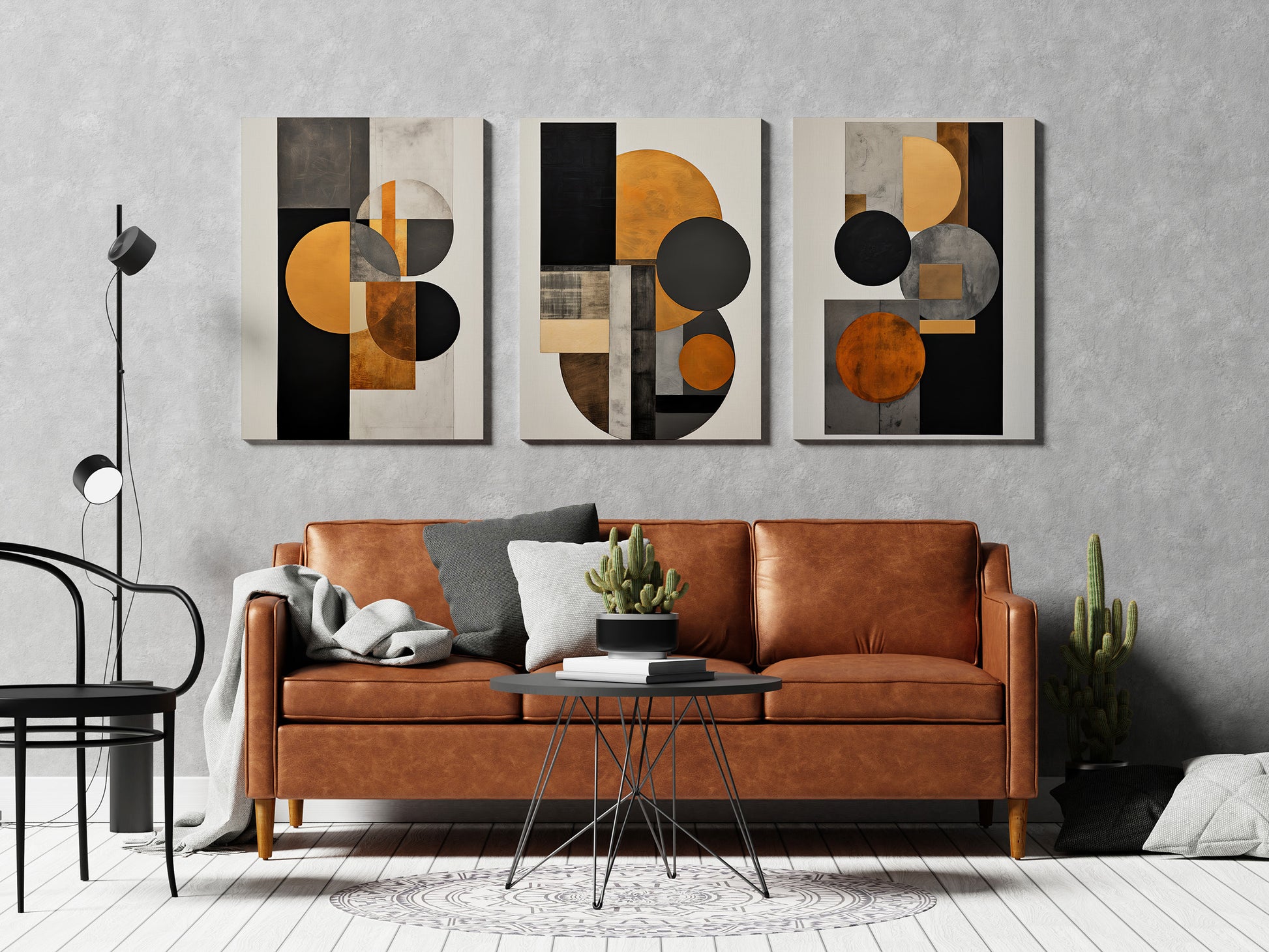 Beige and Black Modern Geometric Abstract Set of 3 wall art 