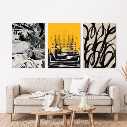 Modern abstract wall art set of 3 in black yellow and beige
