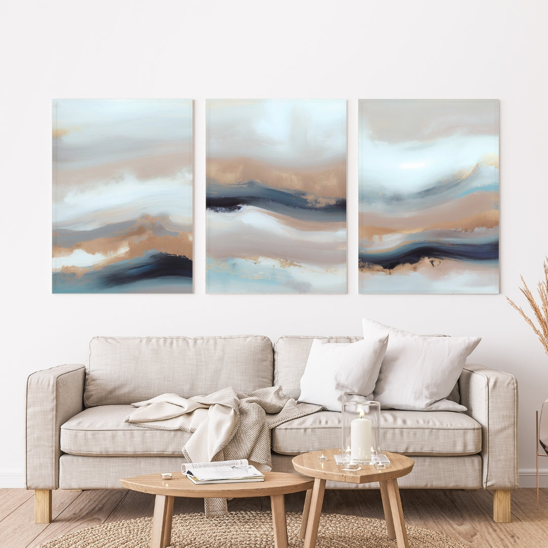 Soft coastal abstract in beige and blue – wall art set of 3 – Artrise canvas prints