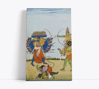 Lord Ram and Hanuman fighting Ravana, an album painting on paper ca. 1820 // Wall Art Print - Artrise