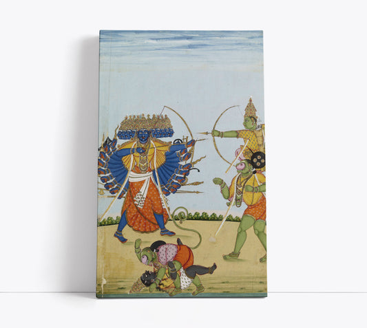 Lord Ram and Hanuman fighting Ravana, an album painting on paper ca. 1820 // Wall Art Print - Artrise