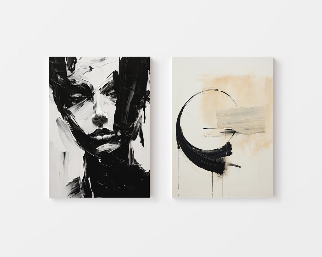 Bold Black and White Abstract Portrait & Brush Art in modern living room