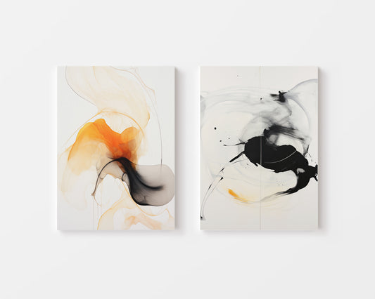 Modern Fluid Abstract Art in Orange, Black & White