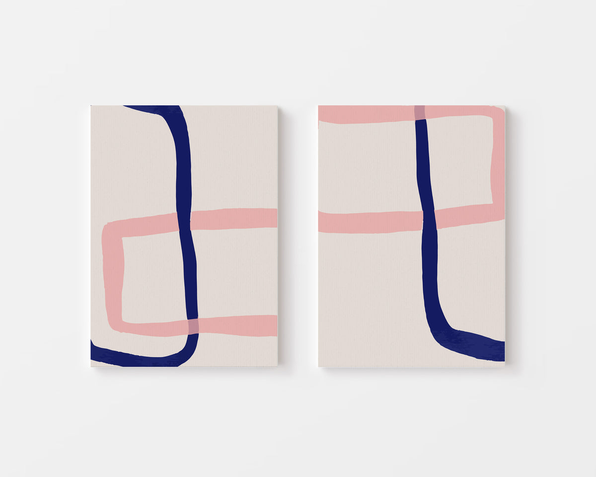 Two abstract art prints with pink and blue lines on a beige 