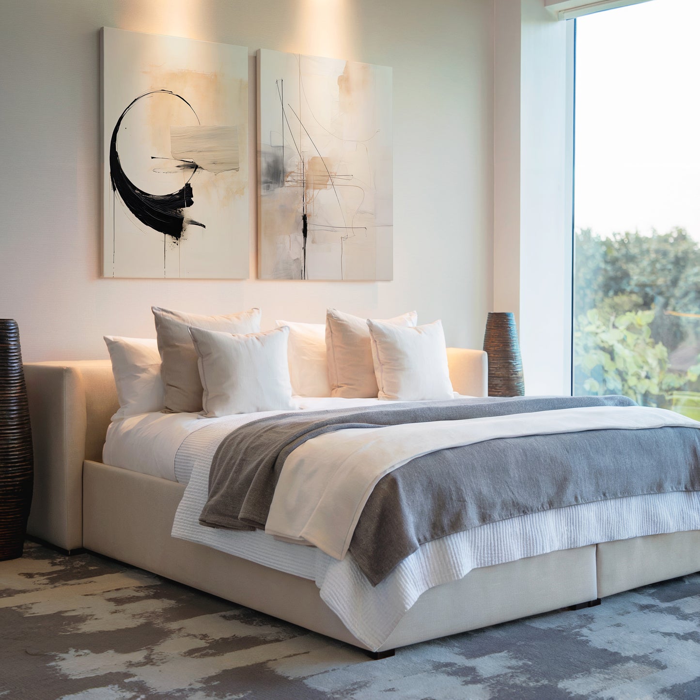 Beige, white and black abstract line art for luxury homes