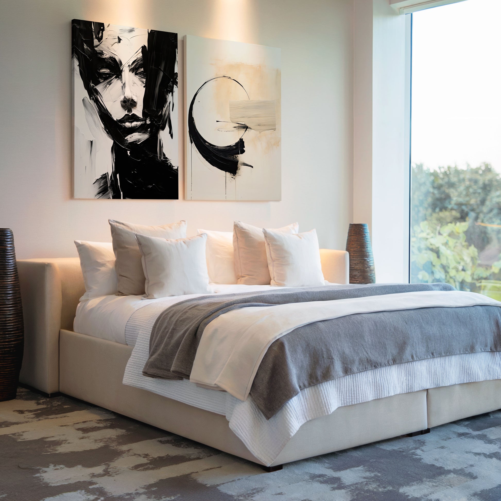 Bold Black and White Abstract Portrait & Brush Art in modern living room